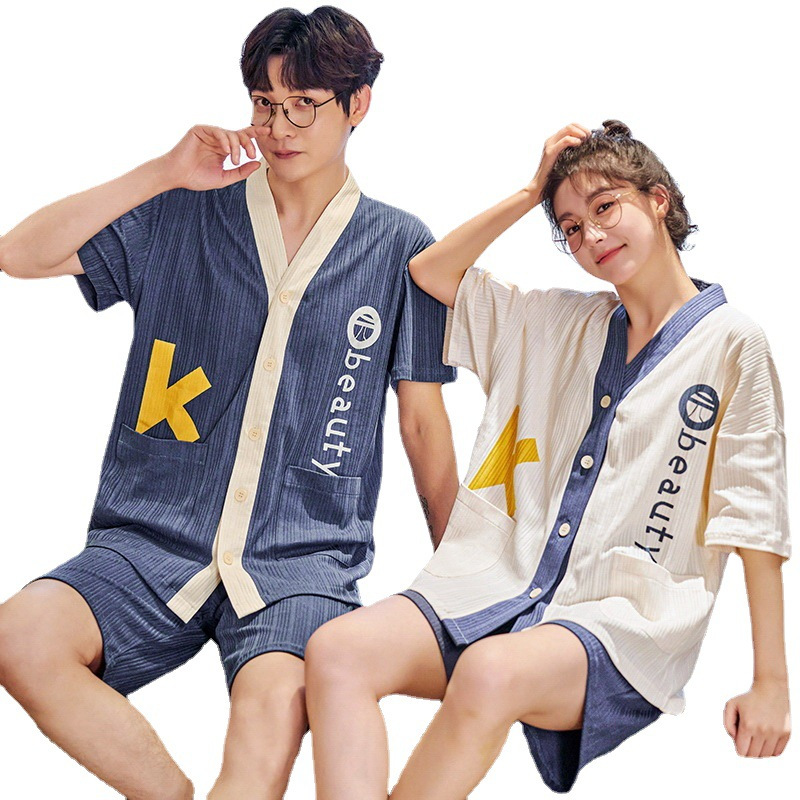 睡衣情侣装秋季短袖可外穿日系开衫家居服薄款大码和服套装春