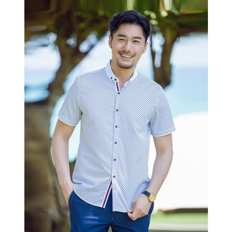 阿仕顿夏季男士波点图案短袖尖领衬衫