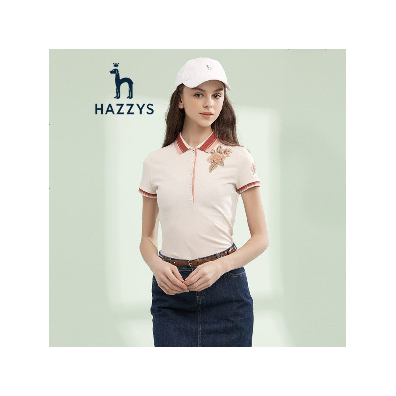 哈吉斯HAZZYS 春夏新款女撞色polo衫棉短袖上衣立体刺绣贴布