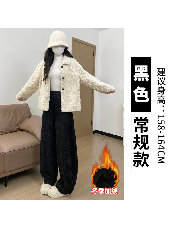 灰色毛呢裤女秋冬季加绒灯芯绒直筒小个子加厚羊羔绒阔腿裤子