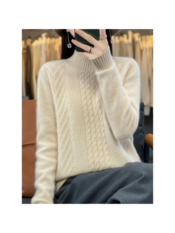 新款毛衣女秋冬加厚半高领纯色保暖扭花针织百搭打底衫女