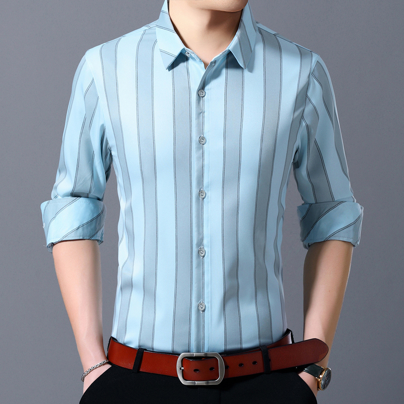 恒源祥长袖衬衫男夏季竖宽条纹时尚上衣中年男士休闲衬衣视频