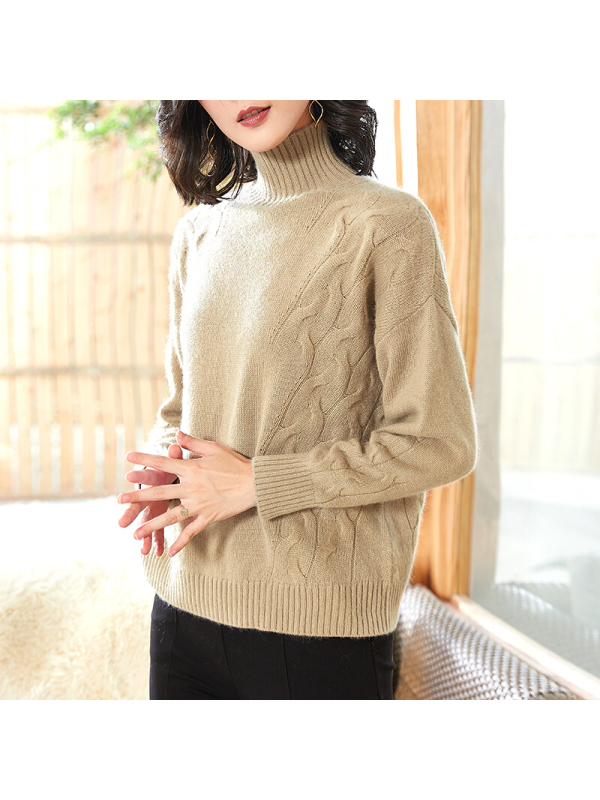 德玛纳半高领绞花套头毛衣女2018秋冬季新款修身显瘦打底针织衫小麦色