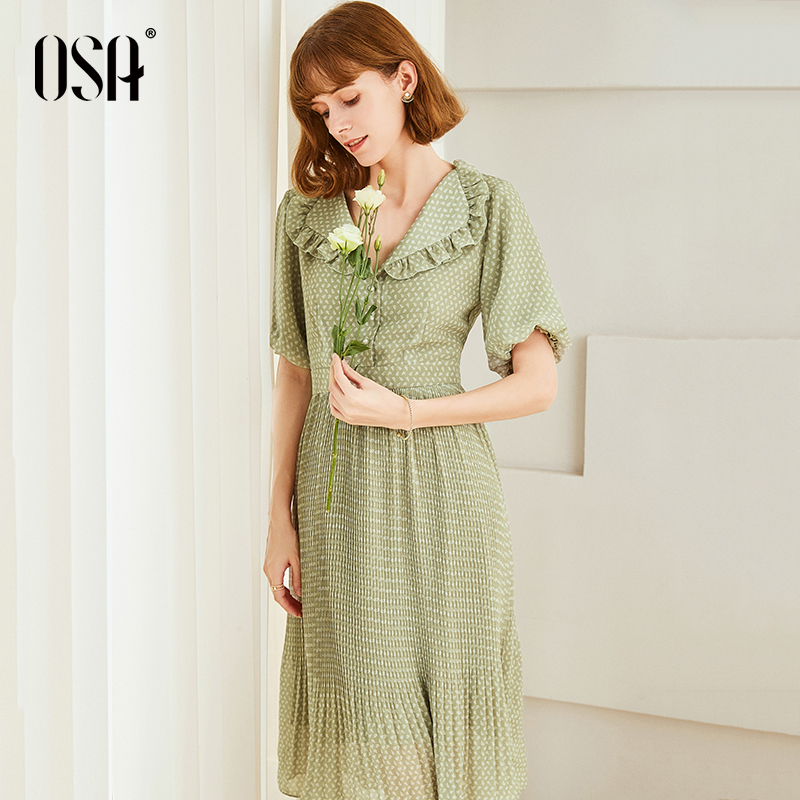 OSA欧莎牛油果绿连衣裙2019新款夏复古收腰显瘦雪纺裙子女小清新