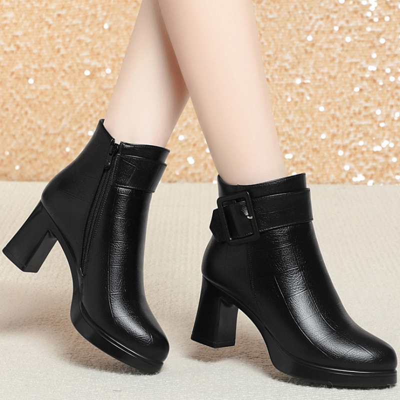 短靴女冬新款防水台高跟时装女靴子棉鞋粗跟加绒女士皮靴中年棉鞋