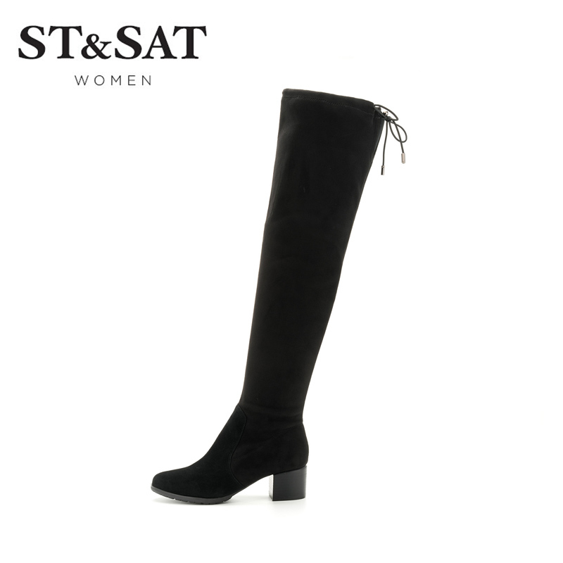 St&Sat/星期六冬款羊反绒尖头粗跟过膝长靴女靴SS74117078