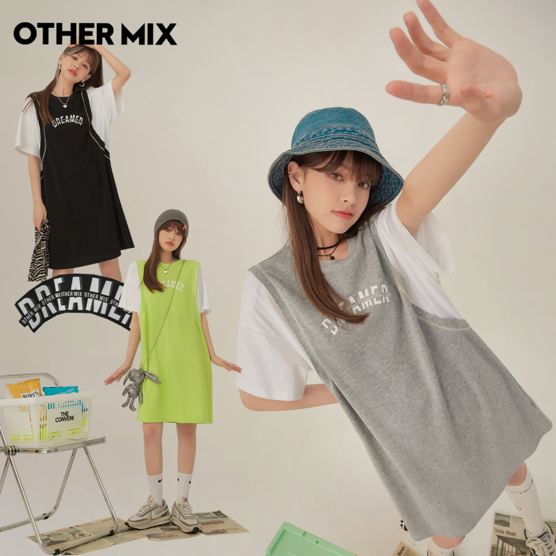 OtherMix拼接字母印花连衣裙女2021年夏季新款小众休闲减龄裙子潮