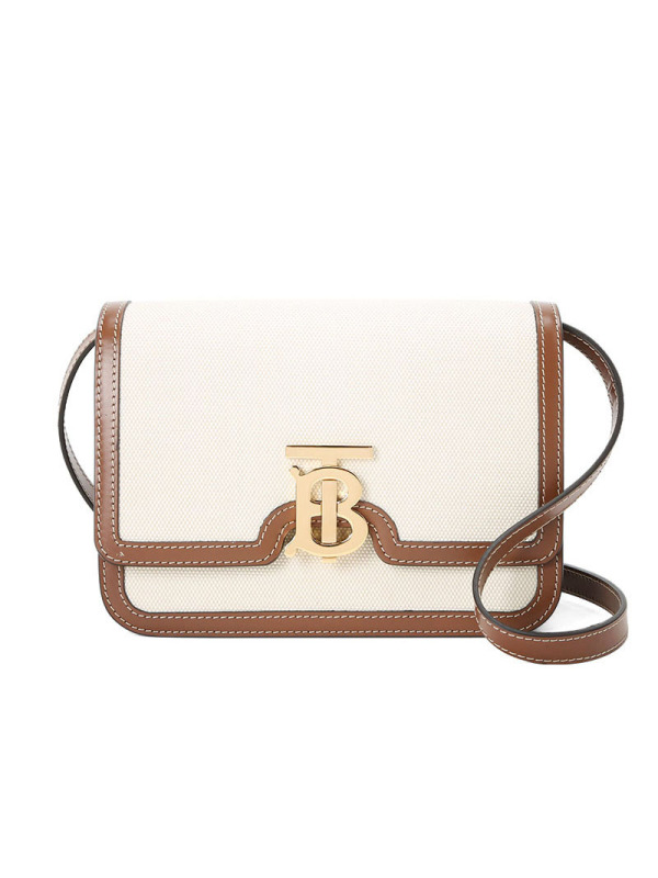 预订 BURBERRY TB 专属标识双色帆布拼皮革锁扣包单肩包斜挎包 小号 21*6*16CM