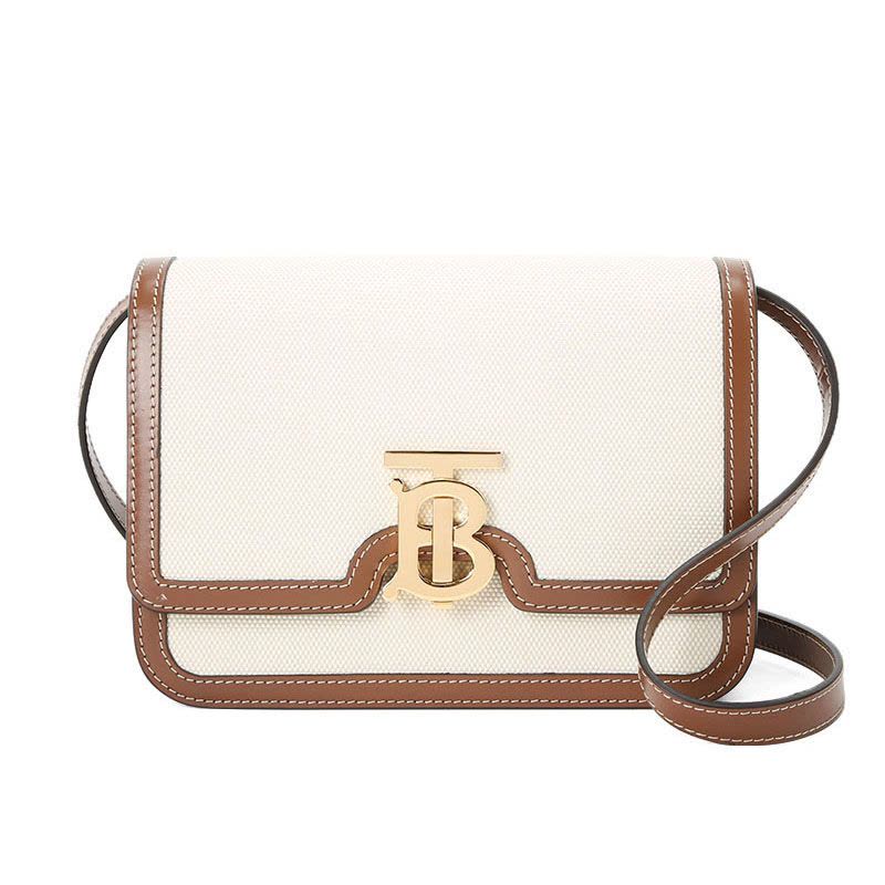 预订 BURBERRY TB 专属标识双色帆布拼皮革锁扣包单肩包斜挎包 小号 21*6*16CM图片