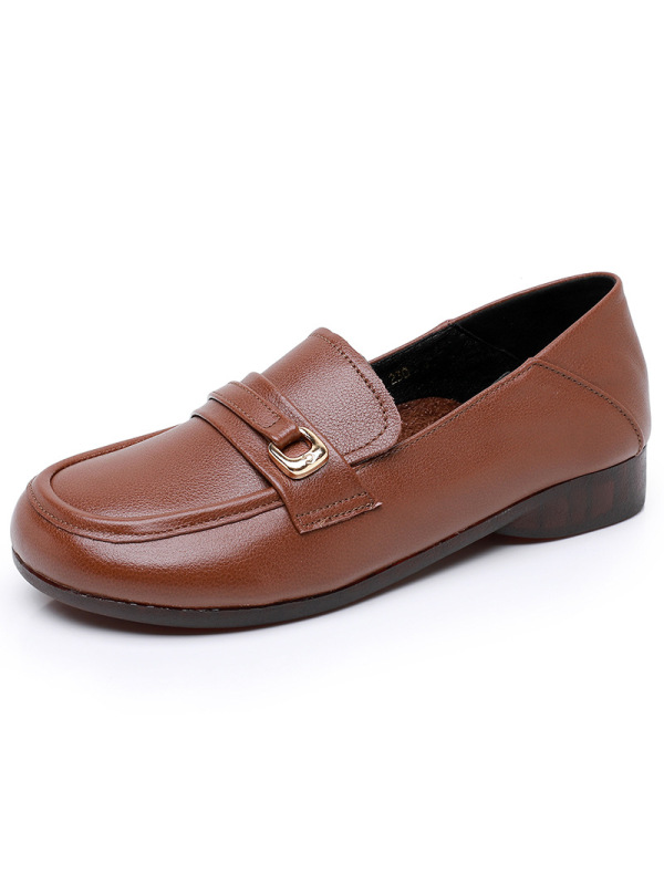 圆头一脚蹬乐福鞋女2025款头层牛皮金属扣粗跟复古单鞋软底小皮鞋