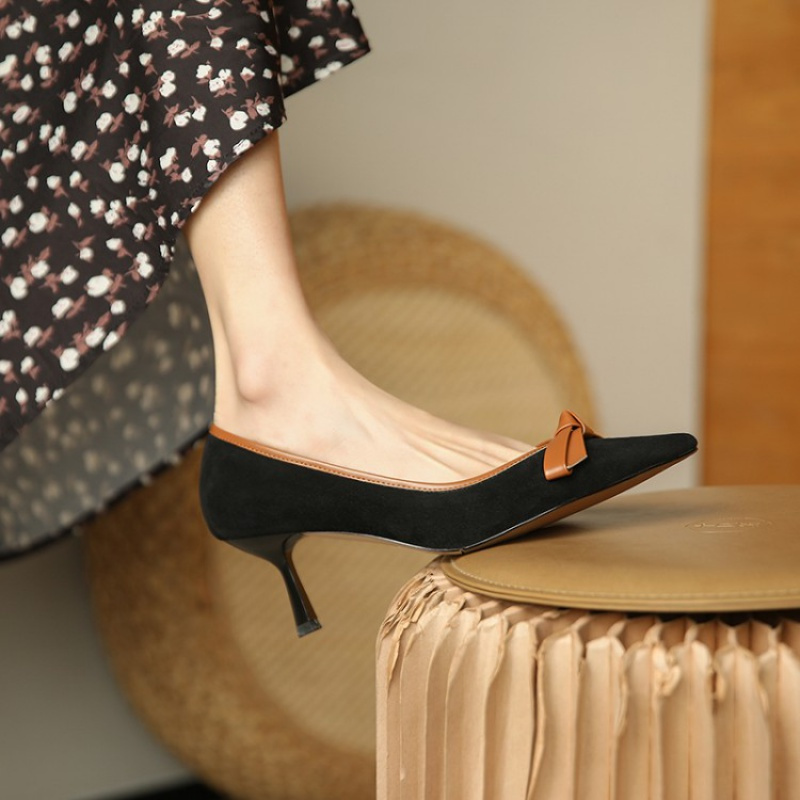 格瑞迪欧高跟单鞋女尖头蝴蝶结女鞋细跟套脚浅口高跟鞋女细跟低帮鞋