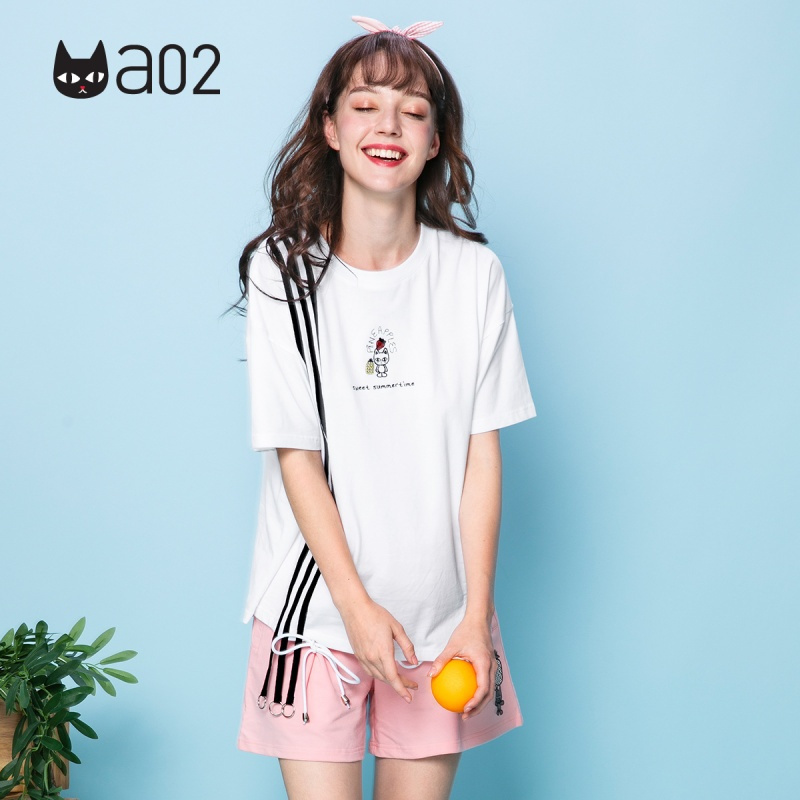 a02新款潮流个性不规则剪裁短袖女飘带印花T恤女DTU2D0731KT