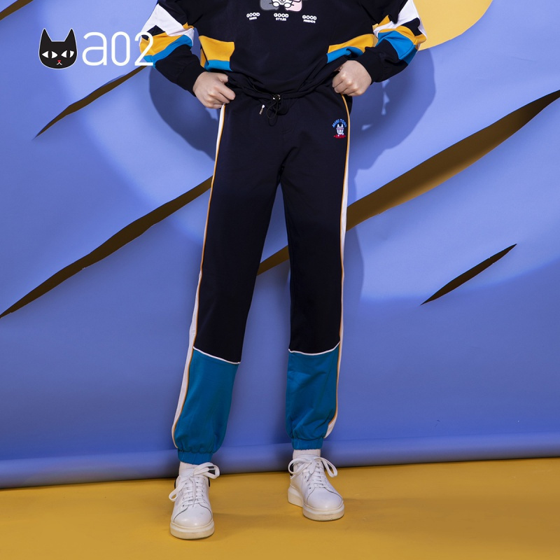 a02新款个性撞色拼接裤子松紧带显瘦束脚休闲裤女DTU5A0481PN