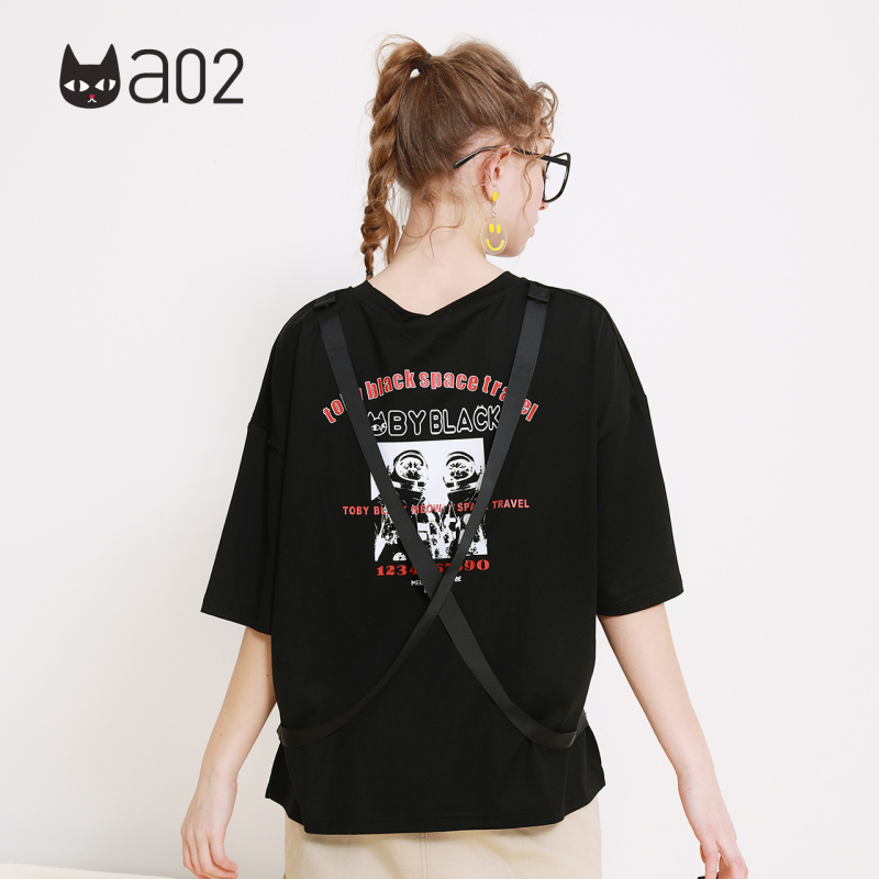 a02商场同款韩版宽松卡通字母刺绣印花飘带T恤女D1U5A0221KT