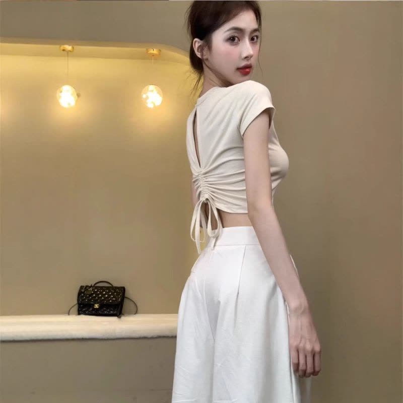 设计感纯欲风露背镂空抽绳上衣女夏季新款辣妹修身短款短袖T恤潮图片