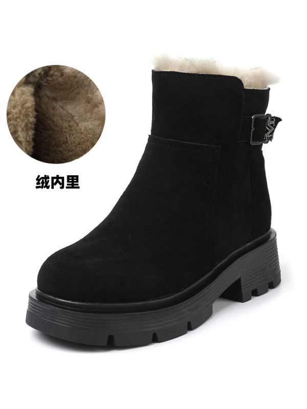 秋冬季女棉靴新款厚底中跟磨砂牛皮雪地靴加绒防滑保暖棉靴