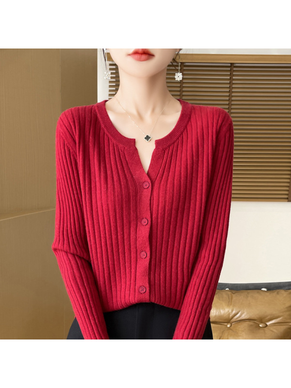 针织衫V领秋冬新款纯色短款毛衣竖条开衫内搭大码针织衫针织打底