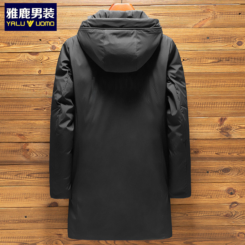 雅鹿男装商务休闲字母印花中长款连帽加厚保暖男士羽绒服外套1034YA01962