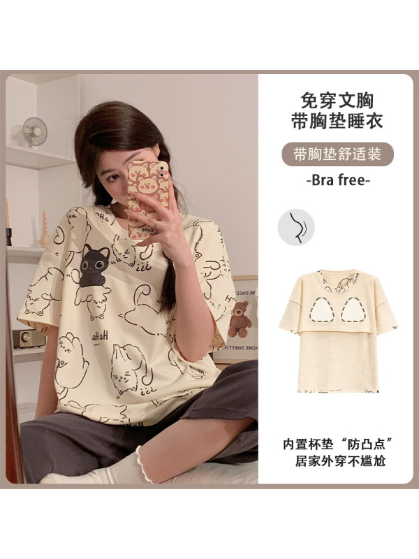夏季新款带胸垫女士睡衣短袖七分裤套装卡通休闲简约家居服可外穿