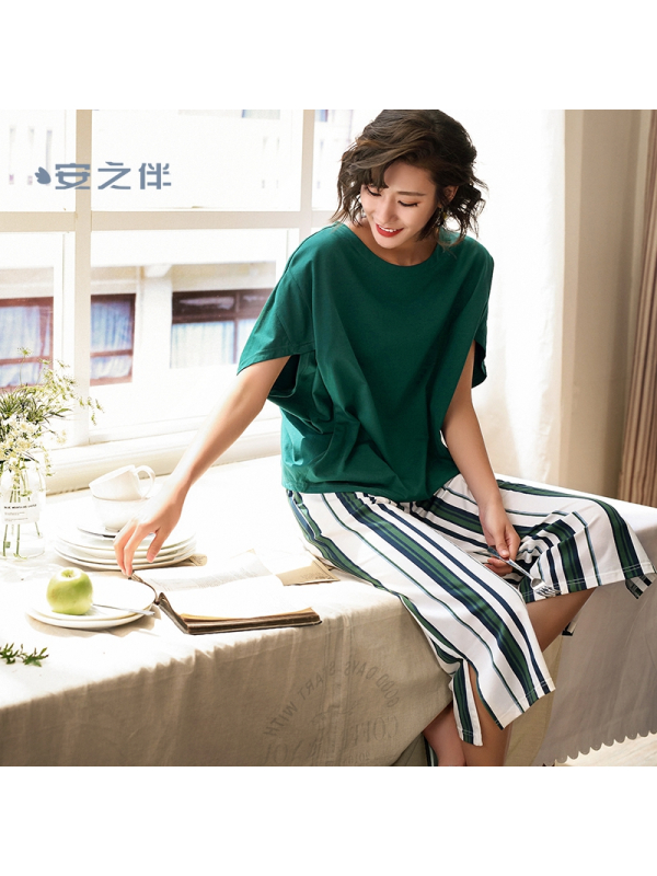 安之伴特卖棉质睡衣女夏宽松韩版短袖条纹七分裤大码外穿两件套家居服