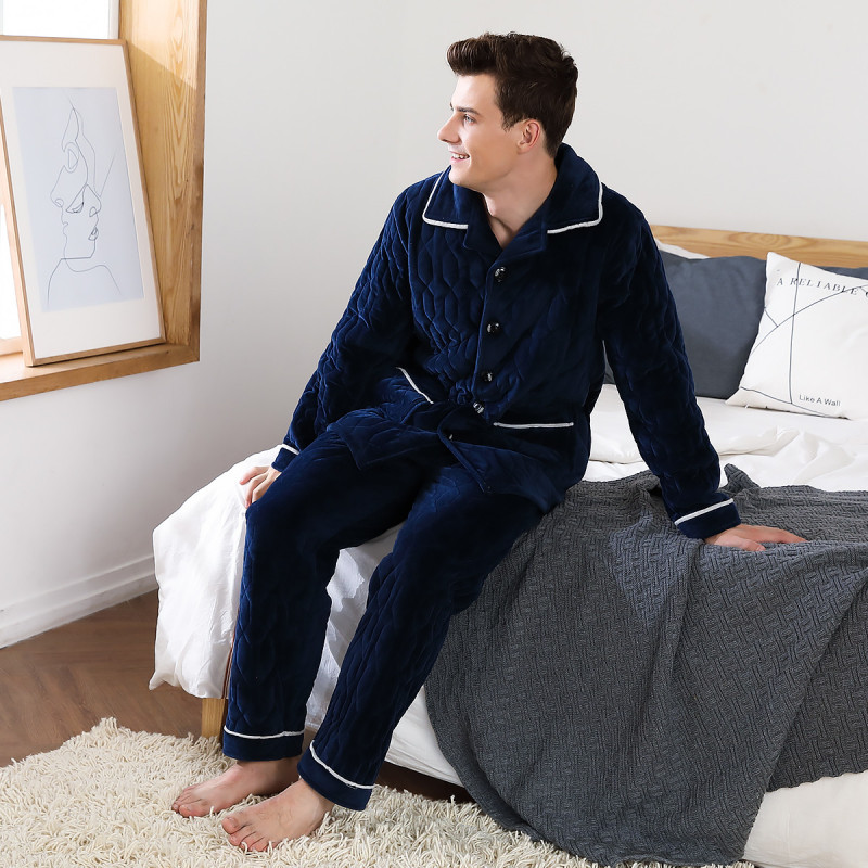 红豆居家时尚撞色三层加厚夹棉大码开衫家居服睡衣套装男冬季