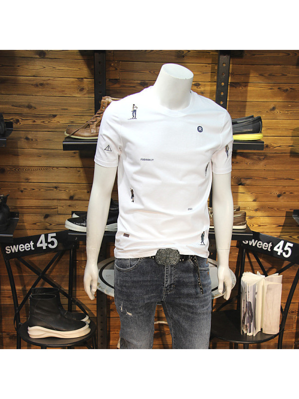 Ceen Bulled夏季丝光棉男T恤全身小人刺绣2022修身圆领弹力短袖青年帅气半袖