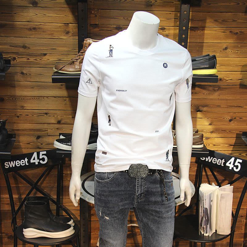 Ceen Bulled夏季丝光棉男T恤全身小人刺绣2022修身圆领弹力短袖青年帅气半袖图片