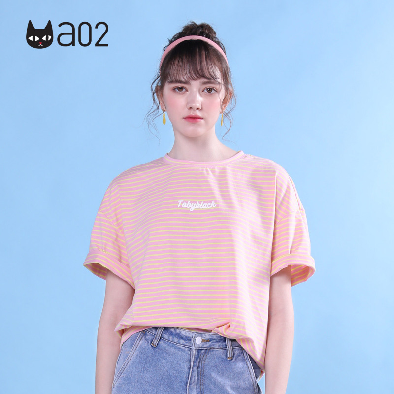 a02新款2020时尚港风撞色条纹宽松短袖T恤女潮DTV2C0231KT