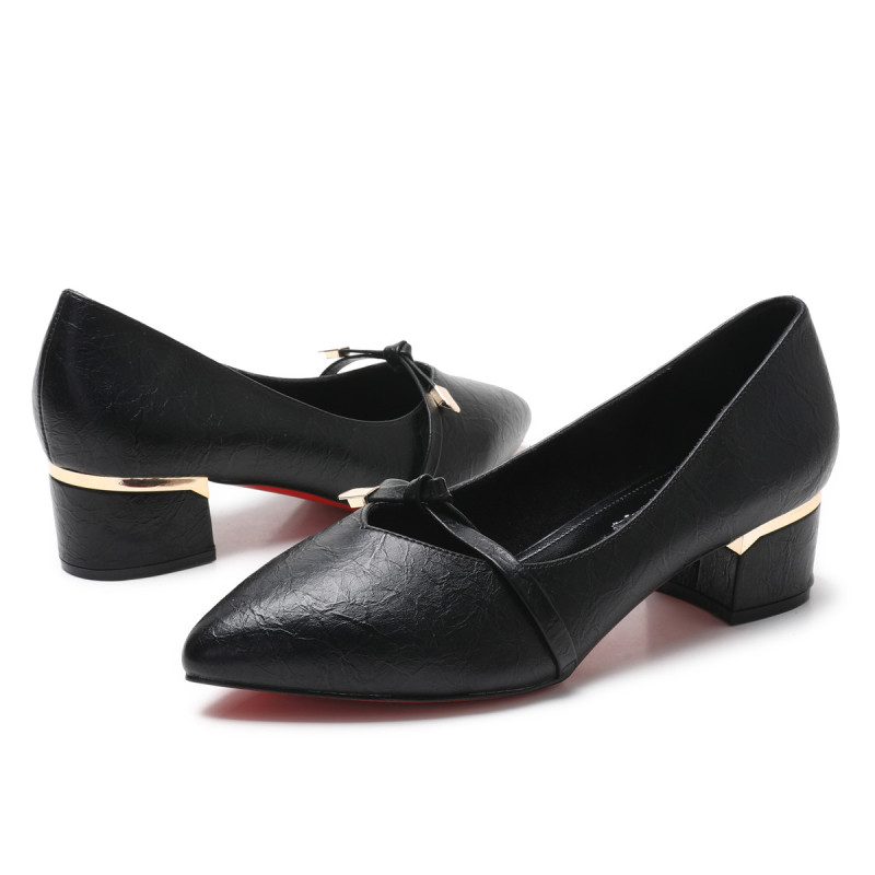 卡帝乐鳄鱼cartelo19春夏女款尖头中低粗跟小皮鞋蝴蝶结浅口通勤女单