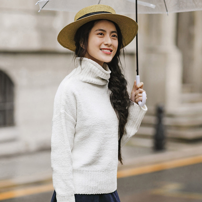 茵曼女装春秋款落肩套头白色高领丝绒毛衣针织衫女长袖韩版学生