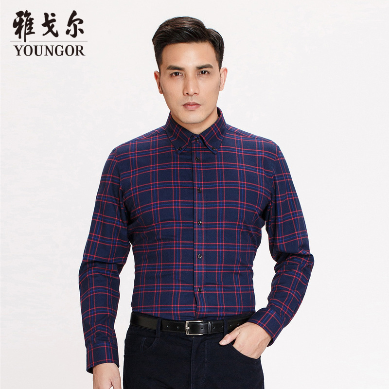 Youngor/雅戈尔秋冬新品男士商务正装纯棉暗红色长袖衬衫315MKA