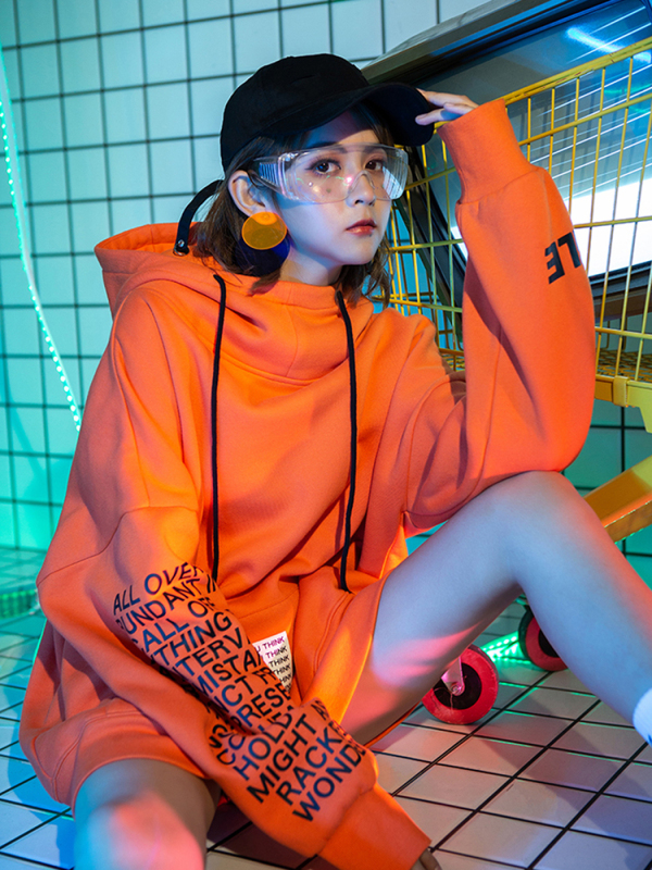 嘻哈oversize字母印花高领连帽女式加绒卫衣潮