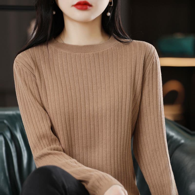 棉线毛衣秋季新款女士圆领坑条长袖针织衫纯色显瘦打底衫图片