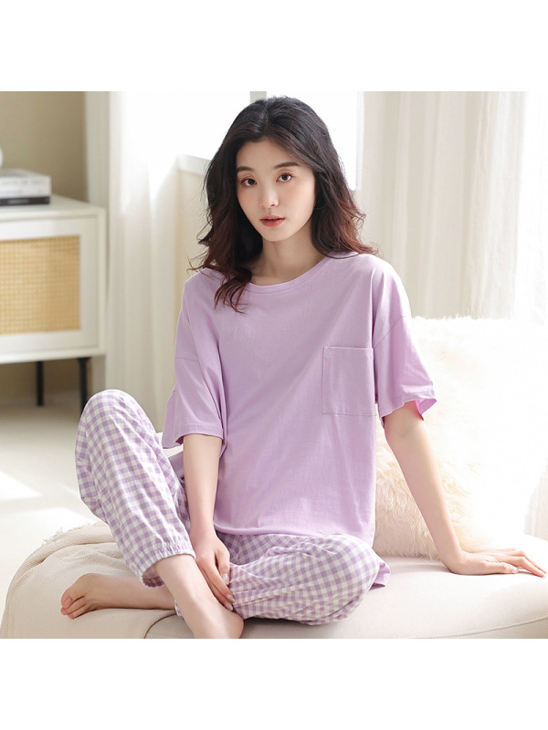 睡衣女夏季棉质薄款短袖长裤可爱卡通宽松加大码家居服套装可外穿