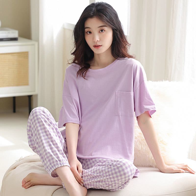 睡衣女夏季棉质薄款短袖长裤可爱卡通宽松加大码家居服套装可外穿图片