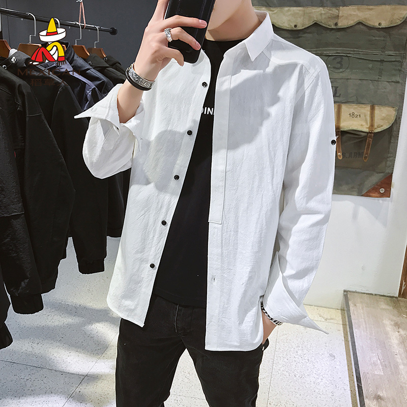 稻草人长袖衬衫男2019夏季新品男士修身纯棉衬衣时尚潮流外套男