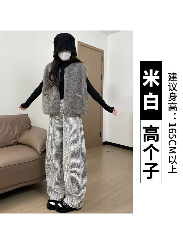 灰色毛呢裤女秋冬季加绒灯芯绒直筒小个子加厚羊羔绒阔腿裤子
