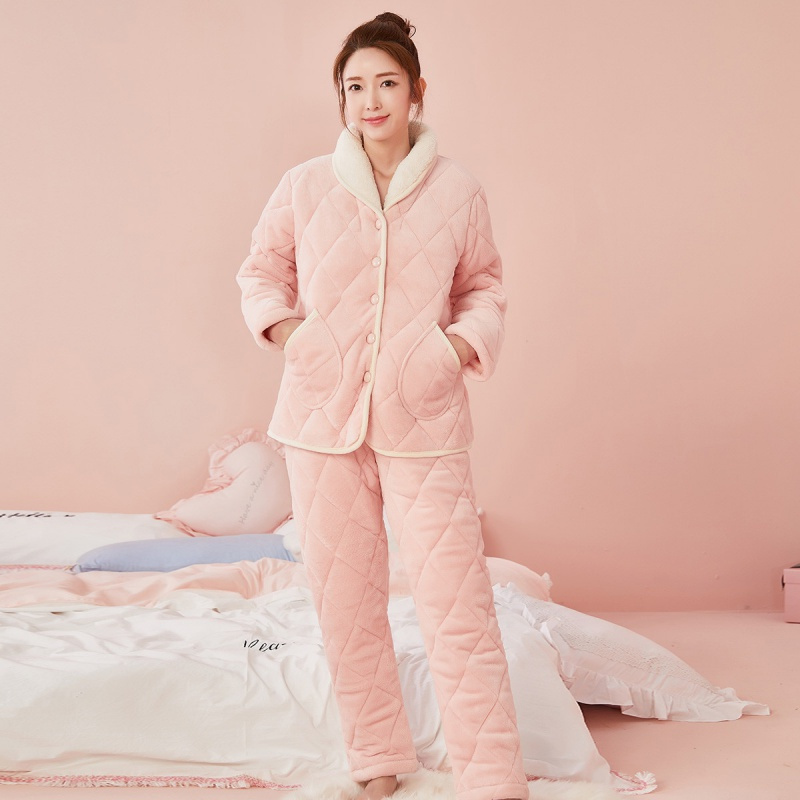 都市丽人时尚开衫翻领夹棉长袖长裤秋冬女士家居服套装睡衣1h91a0