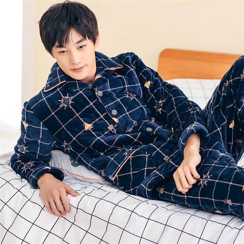 安之伴贝贝绒睡衣男士冬夹棉加厚保暖家居服套装
