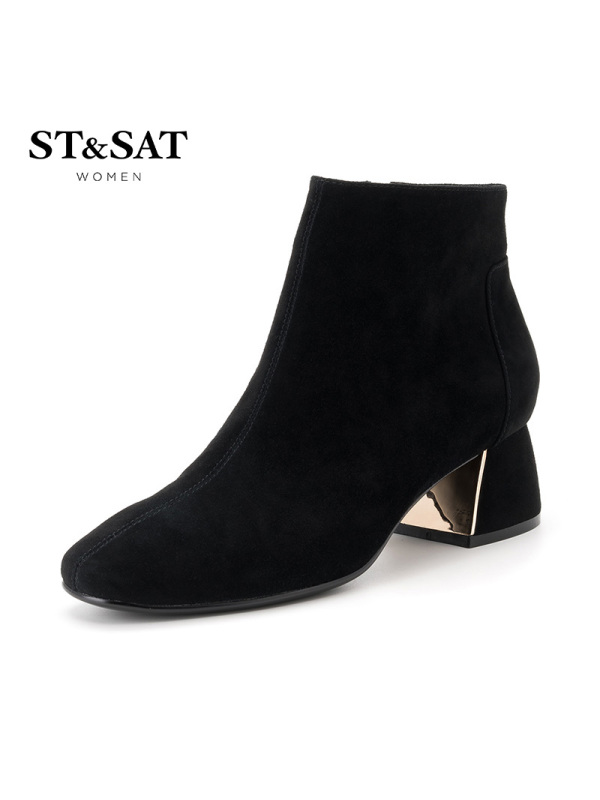 星期六(ST&SAT)18年新品专柜同款羊反绒圆头中跟粗跟时尚短靴女SS84116105