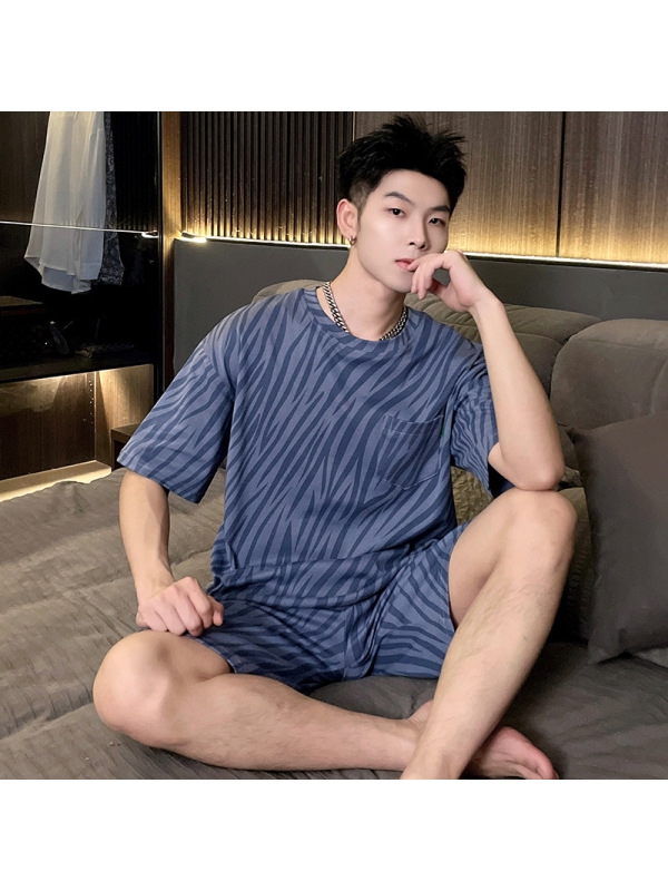 睡衣男夏季棉质短袖短裤休闲圆领高级感睡衣大码家居服套装可外穿