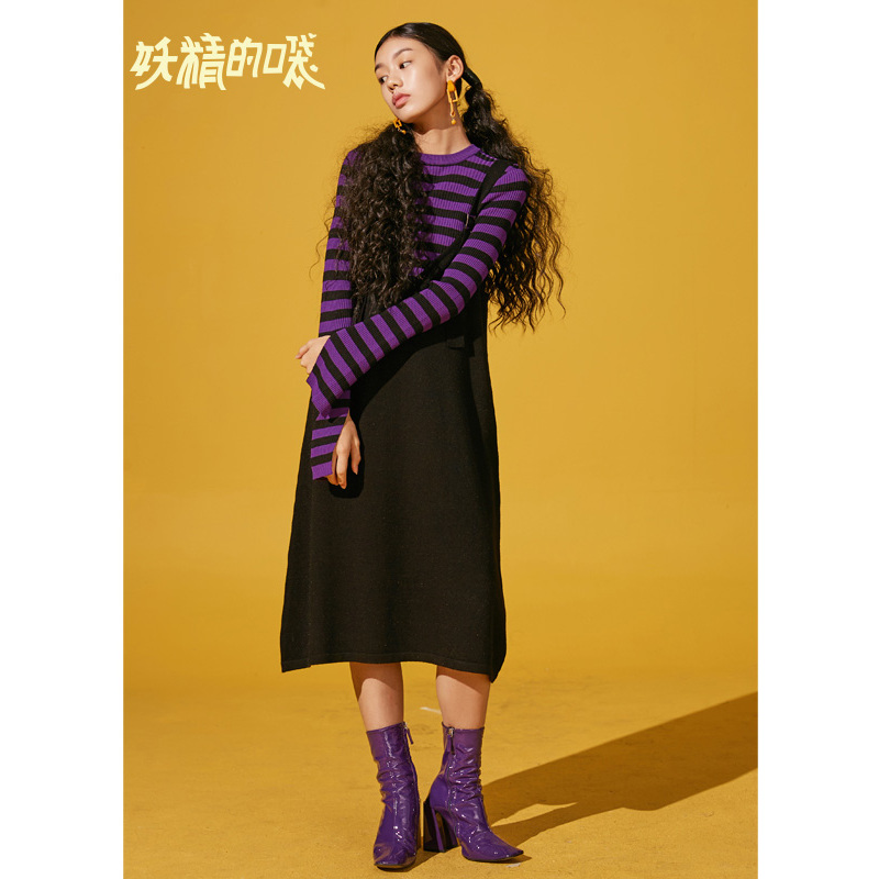 妖精的口袋Y早秋针织连衣裙女韩版秋装无袖中长款背带裙J_1