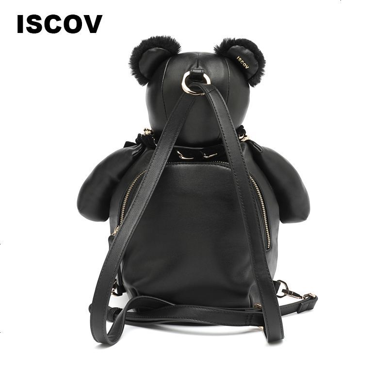 ISCOV可爱熊双肩包女春夏牛皮拼羊皮创意亮钻背包