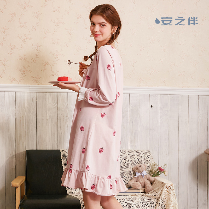 安之伴特卖睡裙女秋棉质长袖甜美可爱睡衣草莓少女可外穿宽松家居服裙
