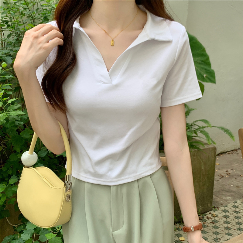 含棉Polo短袖T恤女夏季韩版修身V领纯色短款正肩打底衫女士上衣服