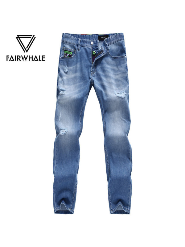 马克华菲牛仔裤男2019春季新款修身韩版破洞青年直筒小脚裤男裤潮