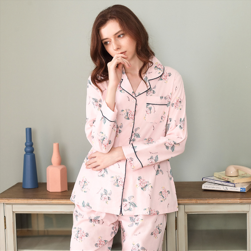 红豆(HODO)居家女士睡衣/家居服夏长袖花样年华翻领家居服睡衣套装