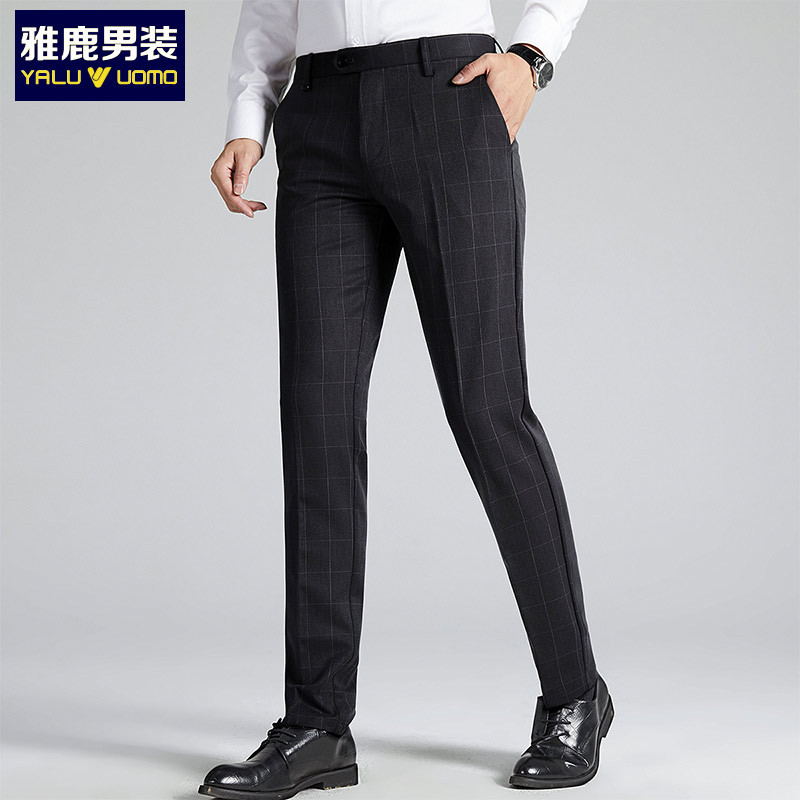 雅鹿男装新品商务休闲弹力舒适面料格子西裤男士休闲裤1007KA65502