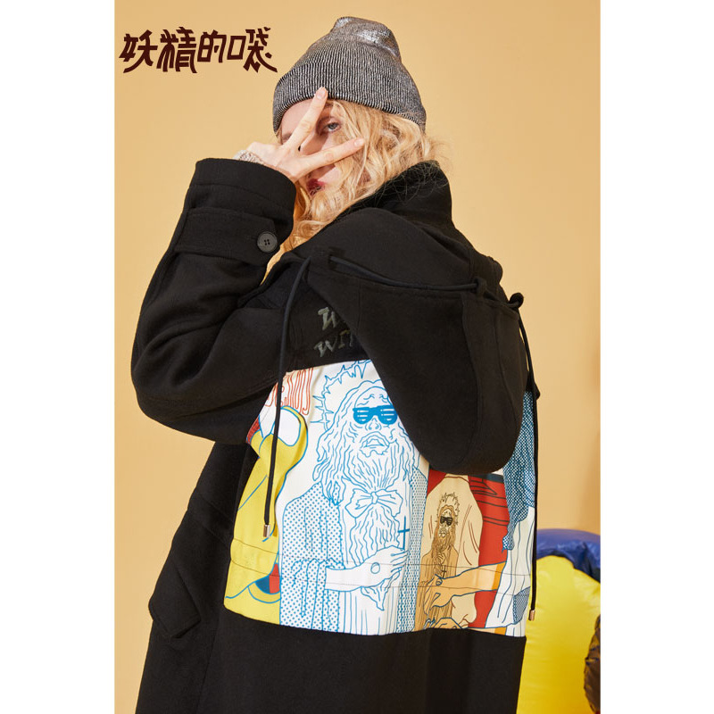妖精的口袋Y秋冬毛呢外套女连帽中长款韩版冬装呢子大衣R_1