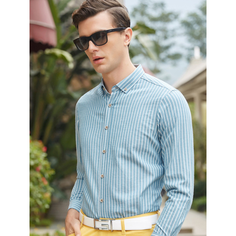 传奇保罗条纹长袖衬衫男 2018春季新款中年方领修身商务休闲衬衣
